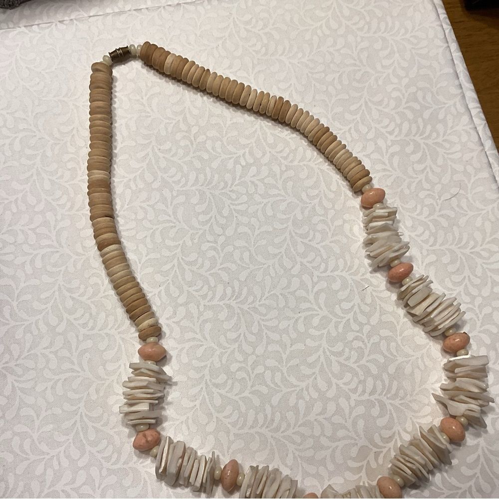 Beige and Ivory Shell Beaded Necklace with Peach Accents